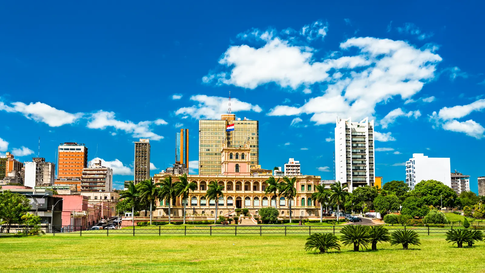Dinh Palacio de los López ở Asunción sau bãi cỏ và hàng cọ, các cao ốc phía sau dưới nền trời xanh.