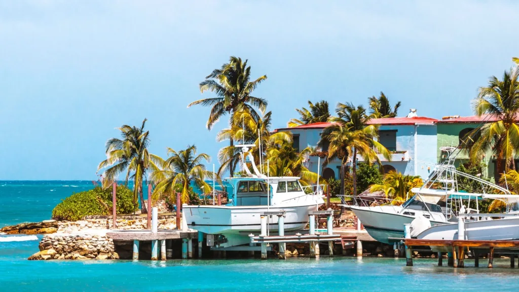 Những chiếc thuyền nằm trên giá nâng dọc bến nước vùng Caribe, phía sau là hàng dừa và các ngôi nhà sơn màu pastel trên bờ.