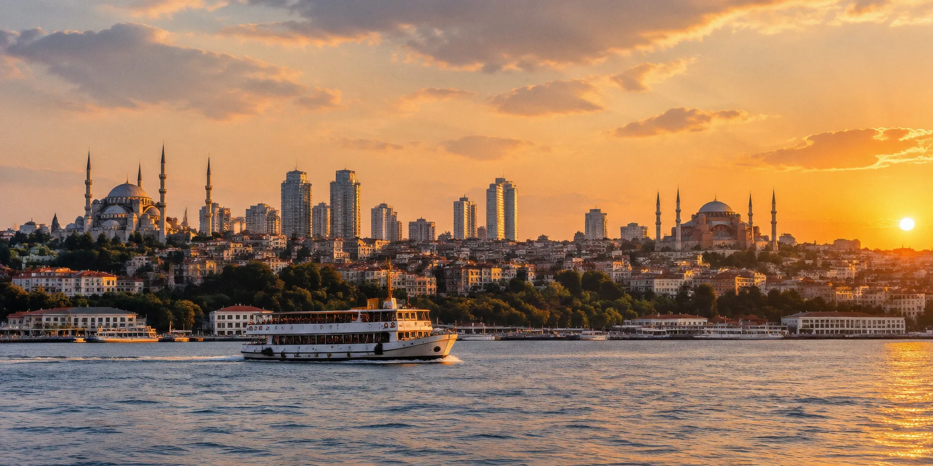 Đường chân trời Istanbul bên eo biển Bosphorus lúc hoàng hôn, với nhà thờ Hồi giáo và các toà nhà cao tầng