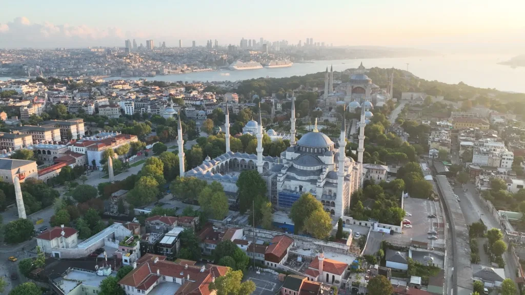 Istanbul's Sultanahmet district from above at sunrise, with the Blue Mosque, Hagia Sophia, the Golden Horn and the Bosphorus beyond