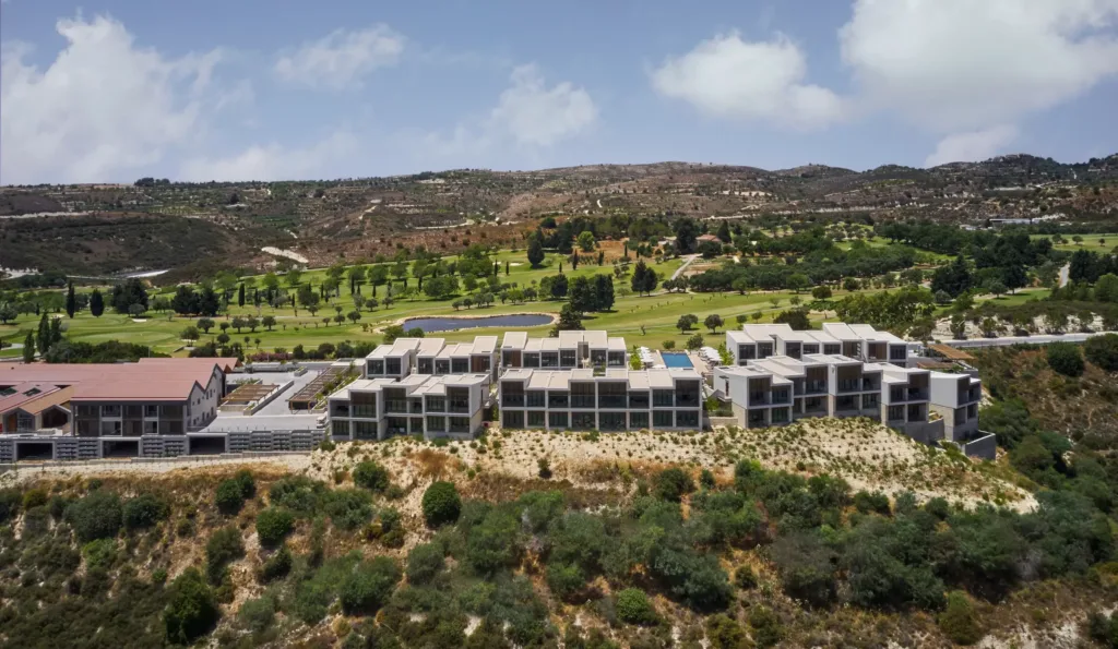 Aerial view of the Minthis buildings above the golf course