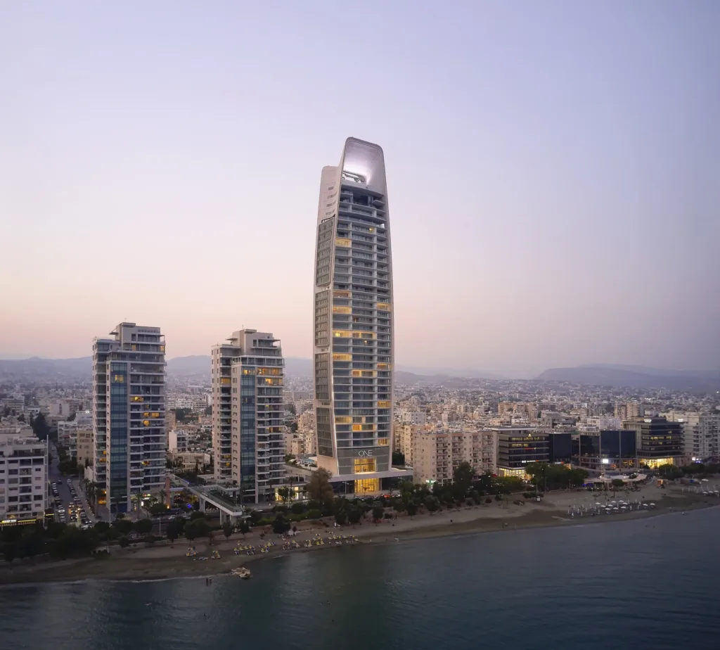 ONE tower and the Limassol seafront high-rises at dusk