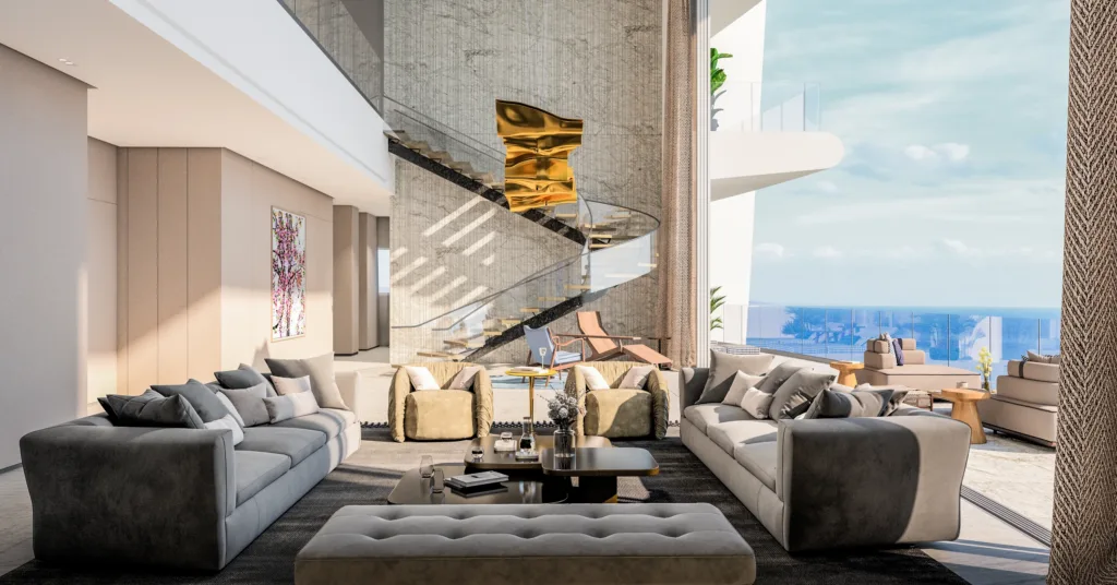 Penthouse living room with a staircase and glazing onto the sea