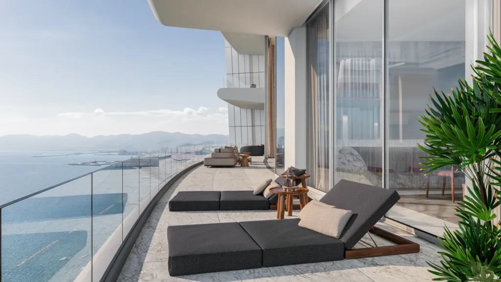 Penthouse terrace with day-beds overlooking Limassol bay