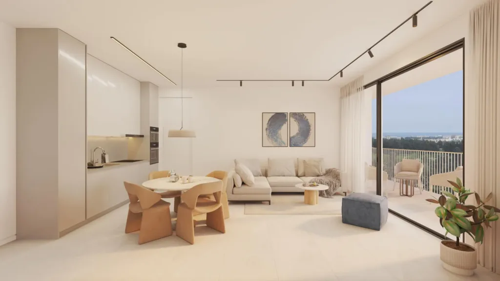 Phòng khách và phòng ăn căn hộ, có bếp nhỏ và cửa ra ban công