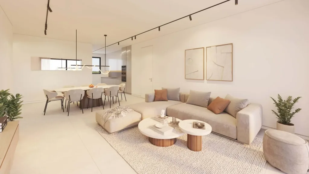 Phòng khách rộng liền phòng ăn với sofa lớn và bàn ăn dài