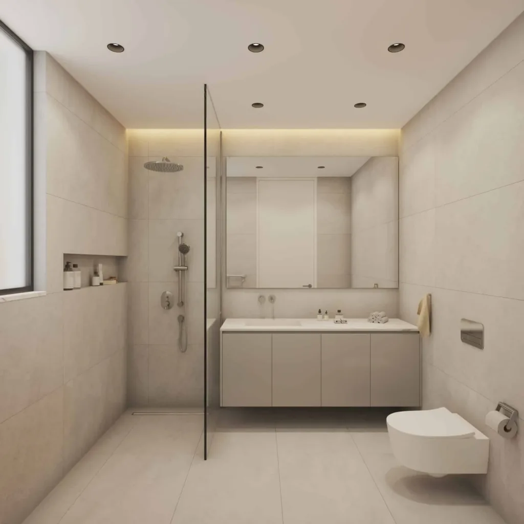 Phòng tắm có buồng tắm kính, tủ lavabo treo và bồn cầu treo tường