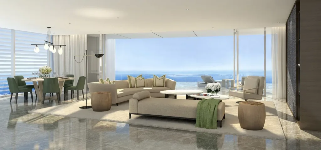 Sky Home living and dining room with sea views through full-height glazing