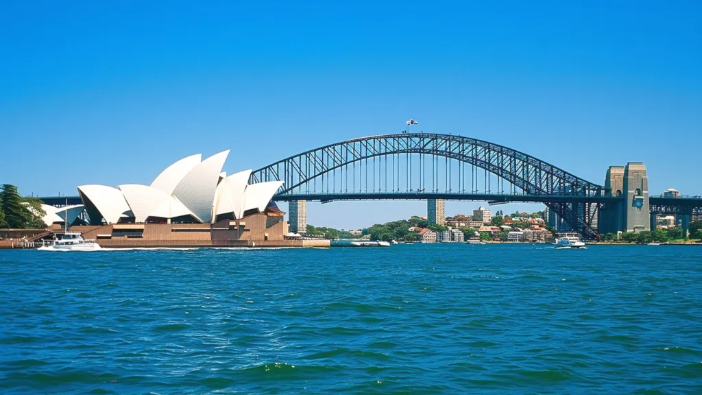 The Sydney Opera House and Sydney Harbour Bridge seen from the water under a clear sky, with boats on the harbour