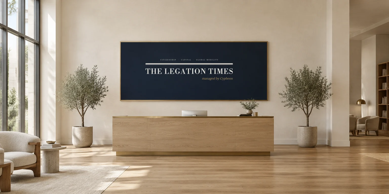 Sảnh văn phòng với biển The Legation Times, dòng Managed by Cypheon, quầy lễ tân gỗ sồi và hai chậu ô-liu
