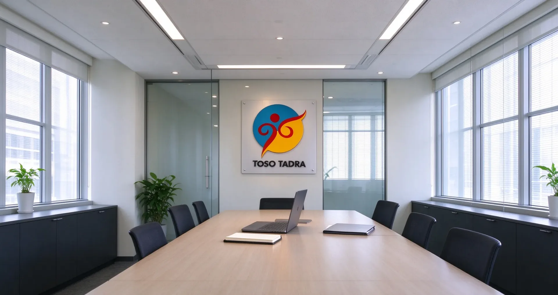Phòng họp có biển logo Toso Tadra gắn trên tường giữa hai vách kính, bàn họp dài đặt máy tính xách tay, cửa sổ lớn ở hai bên