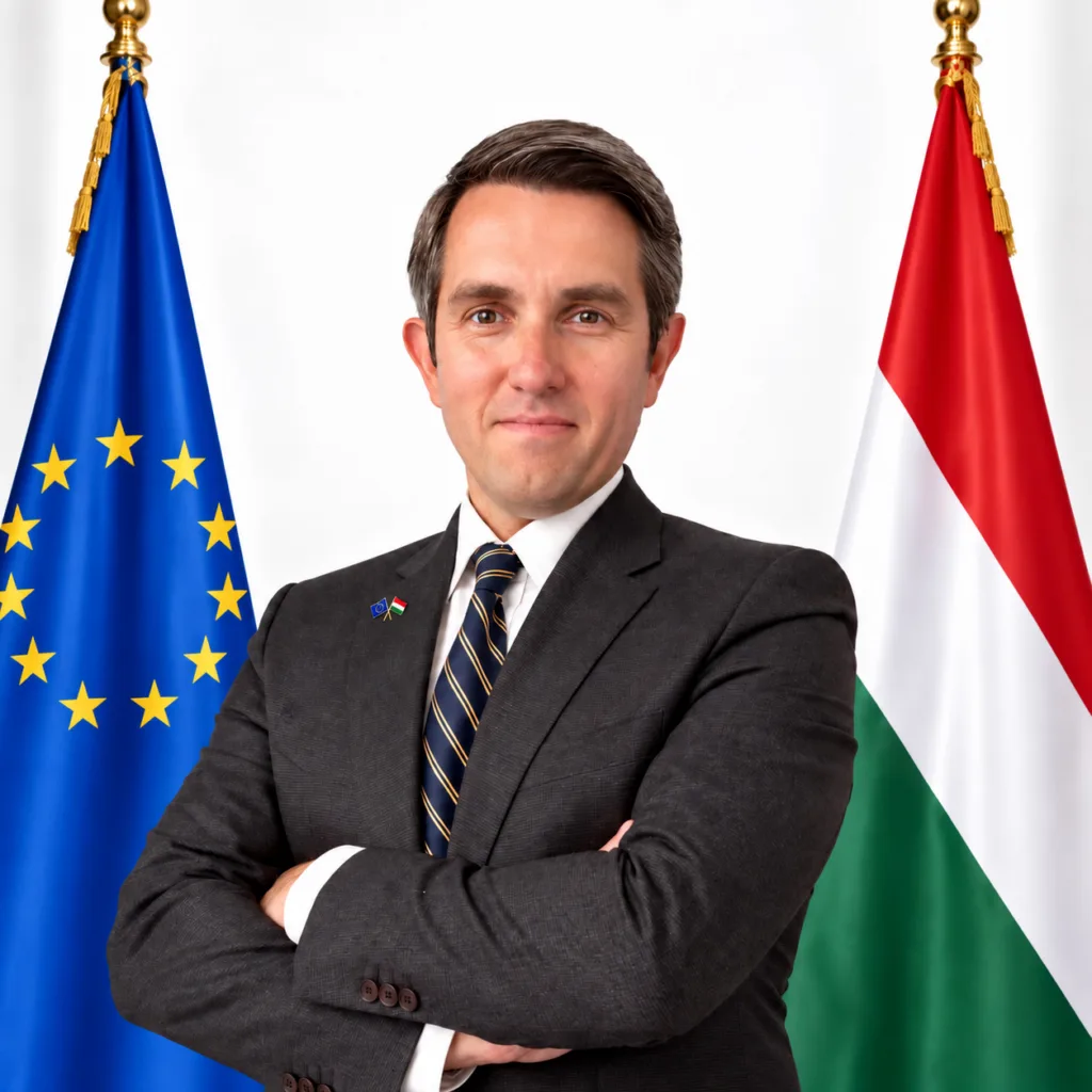 Portrait of Dr. Róbert Kaszó between the EU and Hungarian flags
