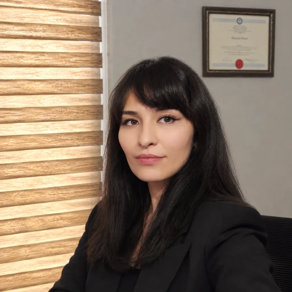 Portrait of Afina Ibrokhimova with long dark hair in a black jacket, a wooden-slat blind and a framed certificate behind her