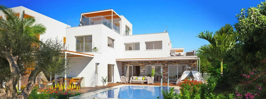 A visualisation of the rear of a villa with its terrace and pool