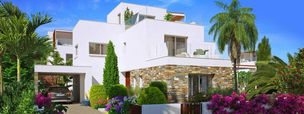 A visualisation of a villa entrance with palms and bougainvillea