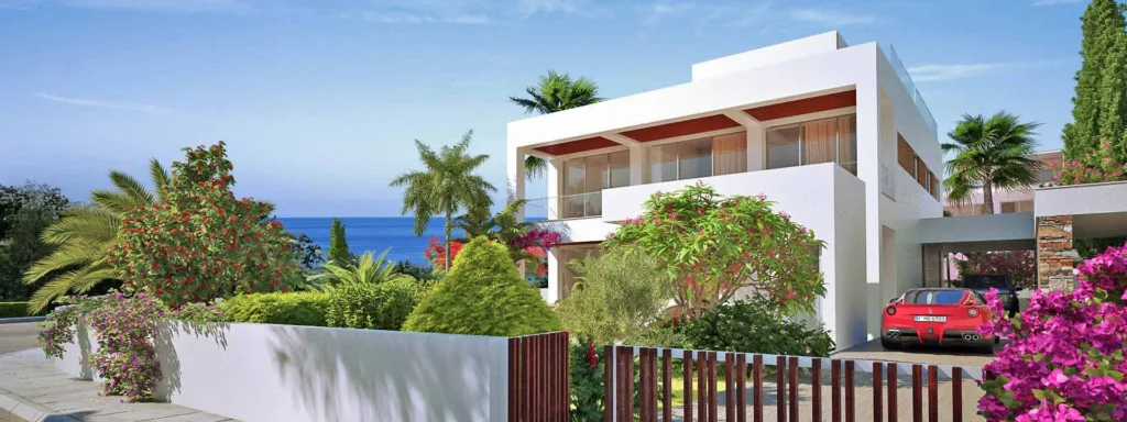 A visualisation of a villa seen from the road, with the sea behind
