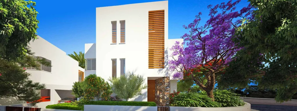 A visualisation of a villa entrance with a purple jacaranda and garden planting
