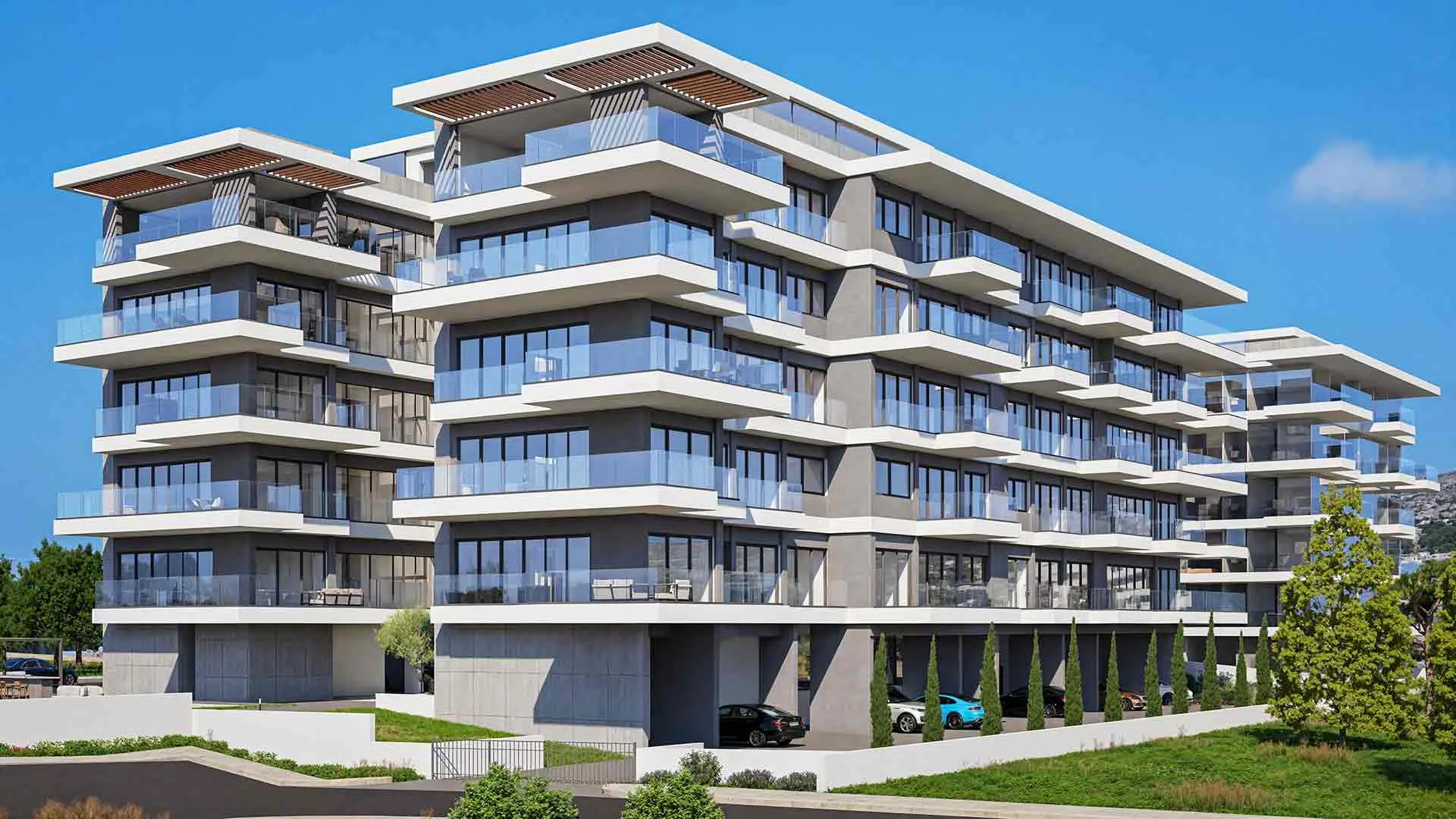Phối cảnh hai khối căn hộ Galaxy Residences nhiều tầng với ban công kính, dưới trời xanh