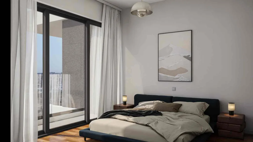 Phối cảnh phòng ngủ có cửa kính ra ban công trong một căn hộ Galaxy Residences