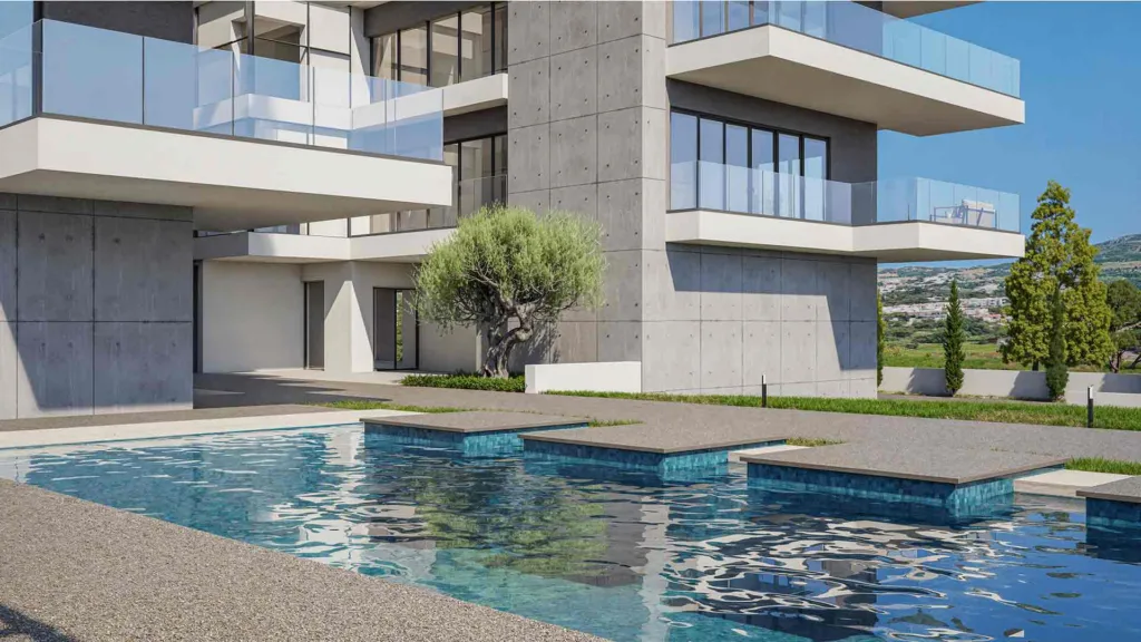 Phối cảnh hồ bơi và sân hiên tầng trệt của Galaxy Residences