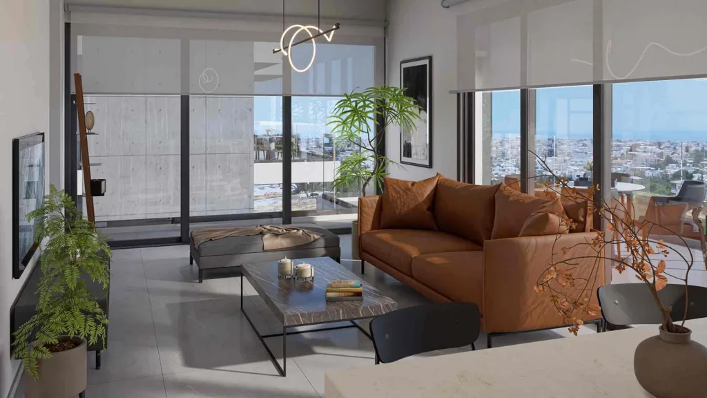 Phối cảnh phòng khách một căn hộ Galaxy Residences với sofa da nâu và cửa kính lớn