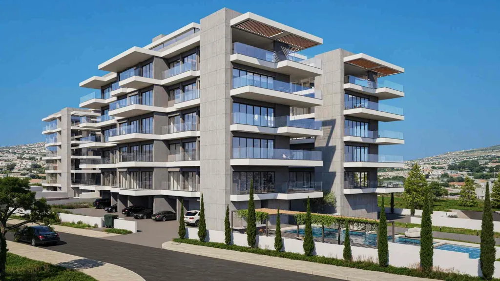 Phối cảnh hai khối Galaxy Residences nhìn từ đường, phía trước là hồ bơi và hàng cây