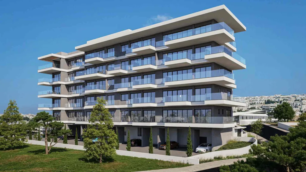 Phối cảnh một khối nhà Galaxy Residences nhìn nghiêng, bao quanh là cây xanh