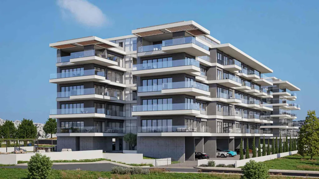 Phối cảnh mặt trước hai khối Galaxy Residences với ban công kính các tầng