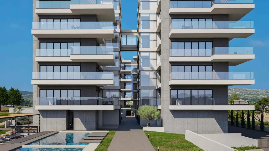 Phối cảnh lối đi giữa hai khối nhà Galaxy Residences, có hồ bơi và cầu nối