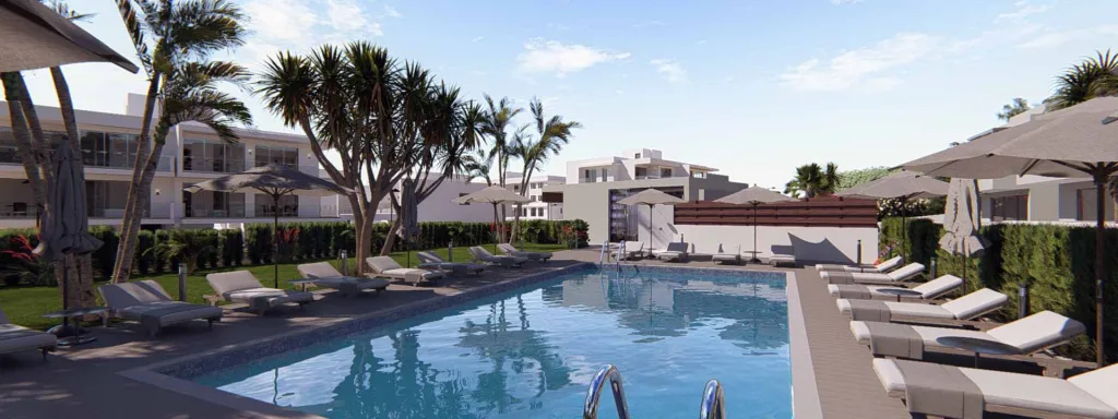 Phối cảnh hồ bơi chung của Meteora Residences với ghế tắm nắng và hàng cọ