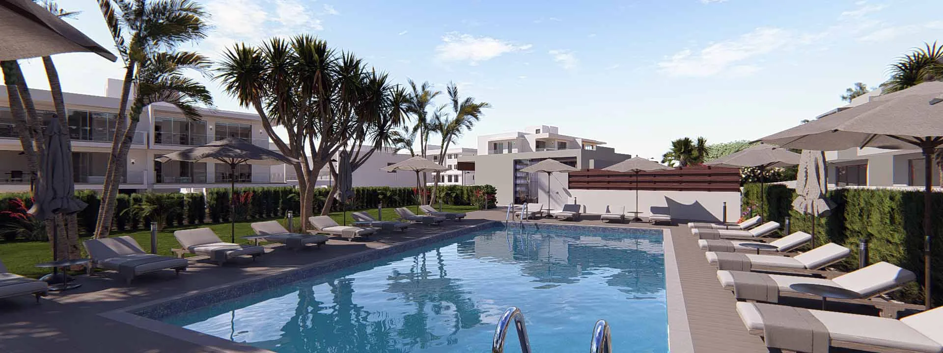Phối cảnh hồ bơi chung của Meteora Residences với ghế tắm nắng và hàng cọ
