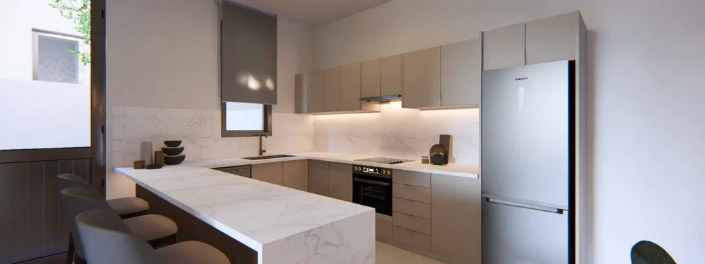Phối cảnh bếp có quầy bar trong một căn nhà Meteora