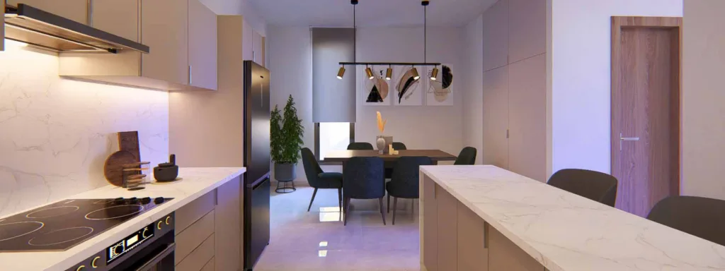 Phối cảnh bếp và bàn ăn trong một căn nhà Meteora