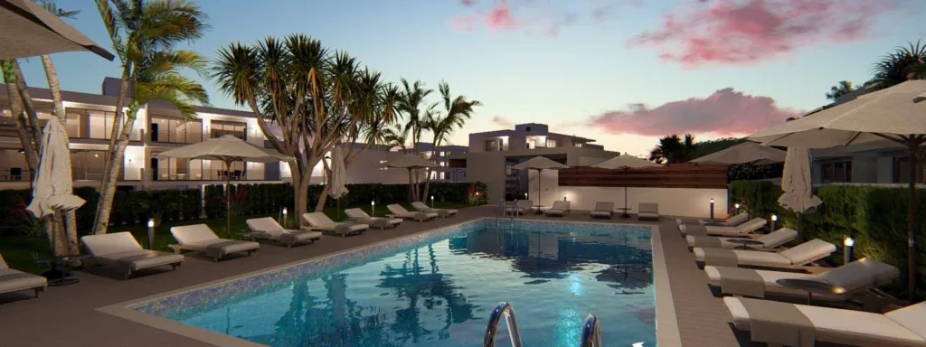 Phối cảnh hồ bơi chung của Meteora Residences lúc chạng vạng