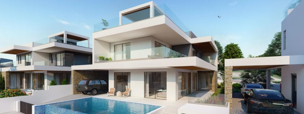 Phối cảnh biệt thự Pelagos hai tầng với hồ bơi riêng trước nhà