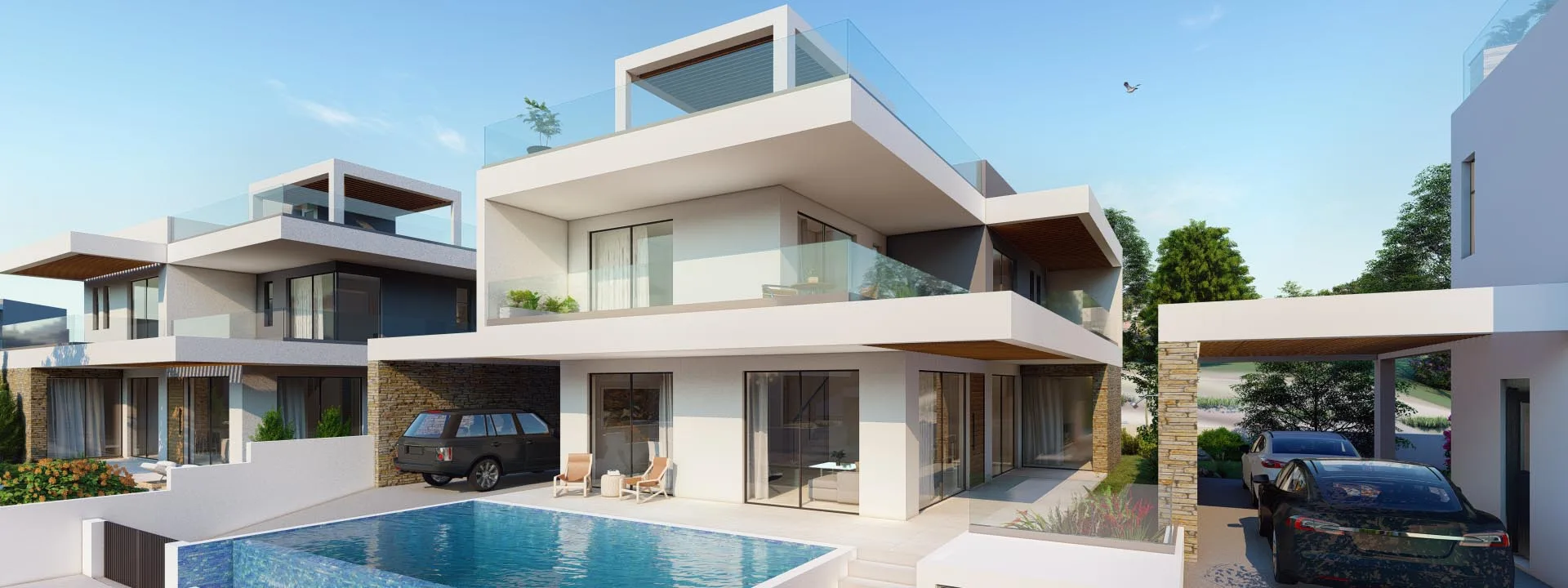 Phối cảnh biệt thự Pelagos hai tầng với hồ bơi riêng trước nhà
