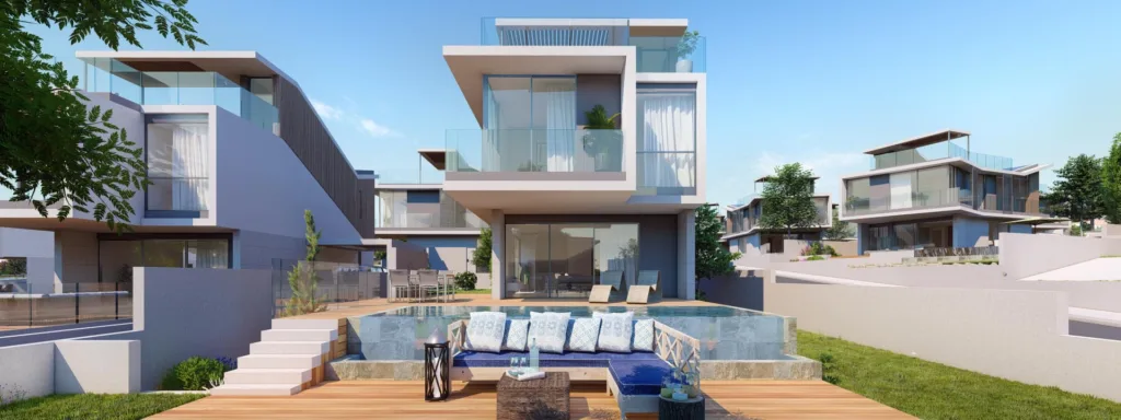 Phối cảnh sân hiên và hồ bơi của một biệt thự Pelagos