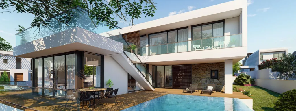 Phối cảnh biệt thự hiện đại có cầu thang ngoài trời và hồ bơi