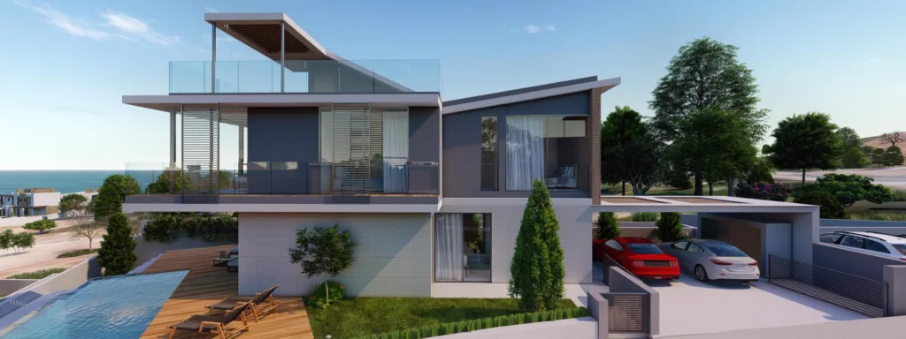 Phối cảnh biệt thự Pelagos có mái che xe, phía xa là biển
