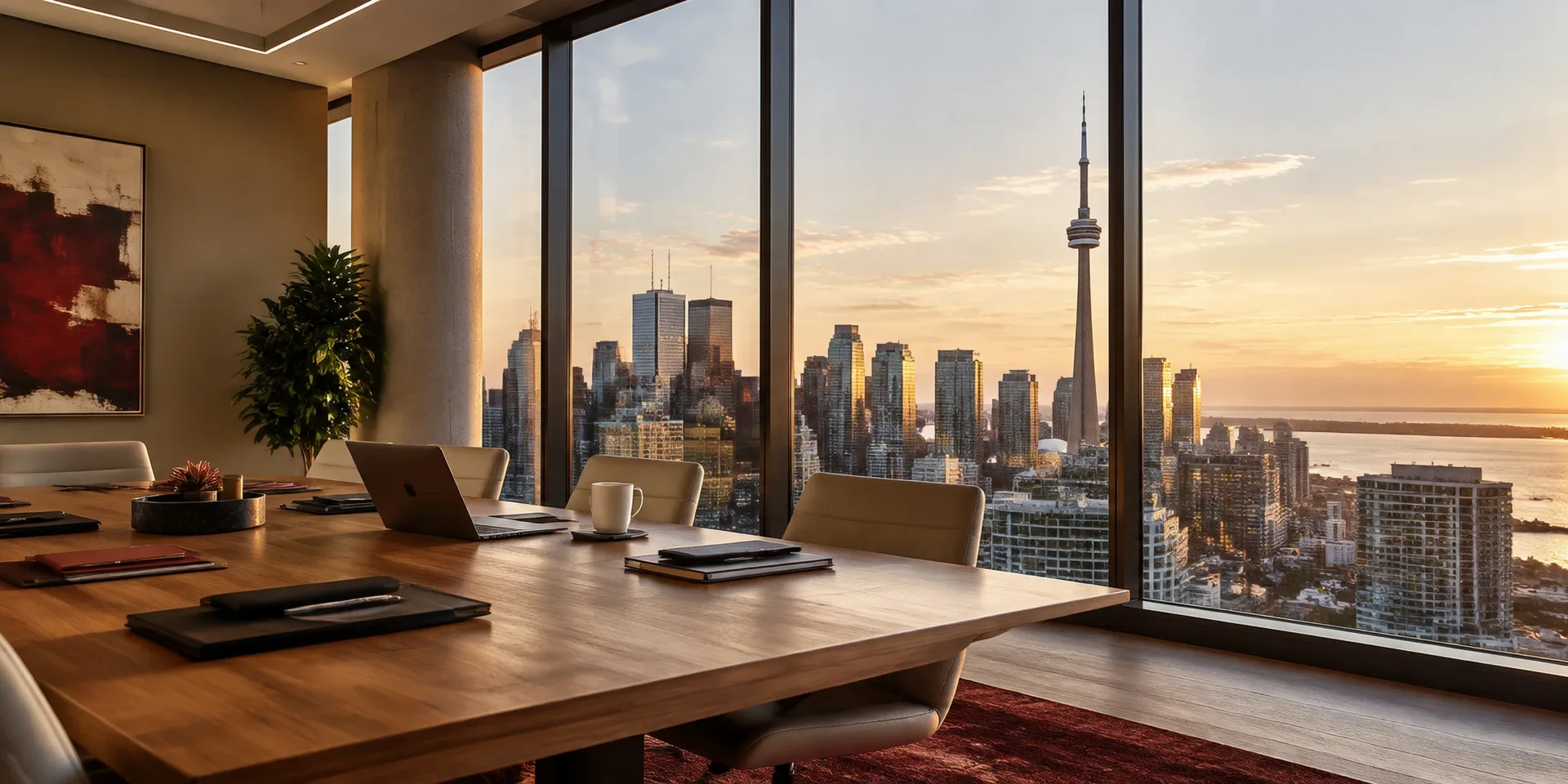 Business advisory meeting room overlooking the Toronto skyline and CN Tower at sunset