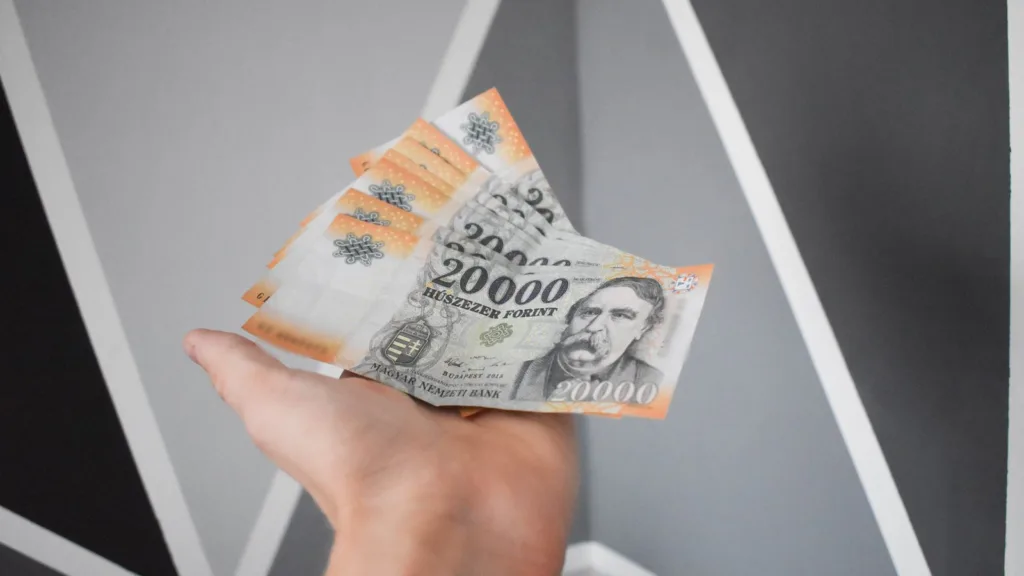 A hand holding a fan of Hungarian 20,000 forint banknotes against a grey wall with white and black geometric stripes