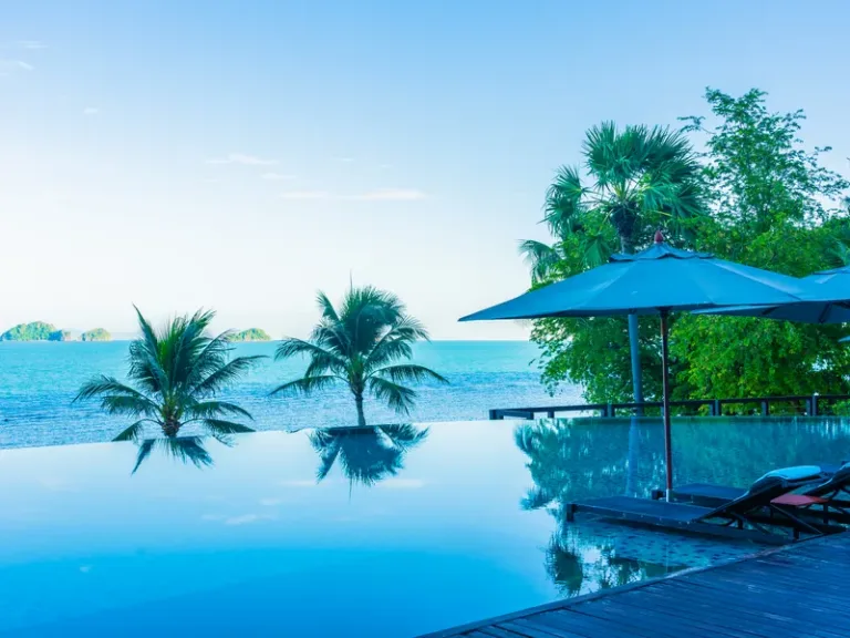 Hồ bơi tràn bờ nhìn ra biển, có hai cây dừa, ô che nắng màu xanh và ghế tắm nắng trên sàn gỗ.