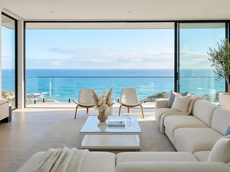 Phòng khách sơn trắng với bộ sofa sáng màu và vách kính lớn nhìn ra biển.