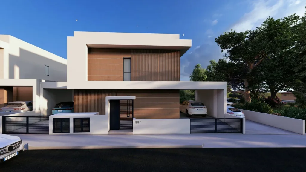 Phối cảnh căn nhà hai tầng ốp gỗ với cổng và chỗ đỗ xe