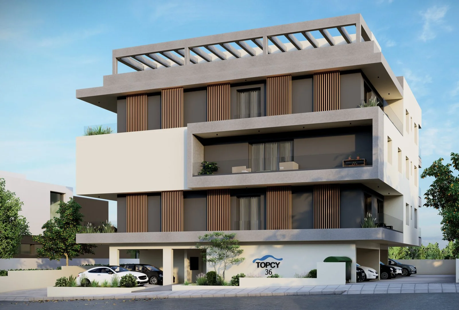 A visualisation of the four-storey TOPCY36 building with timber cladding, glass balconies and ground-floor parking