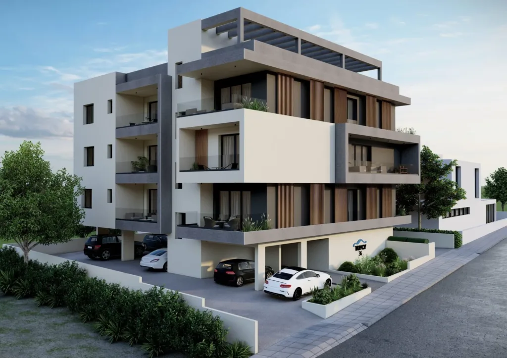A visualisation of a corner of TOPCY36 with cars parked under the ground floor