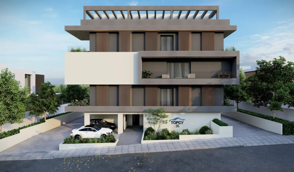 A visualisation of the TOPCY36 front elevation, with the TOPCY sign at the entrance