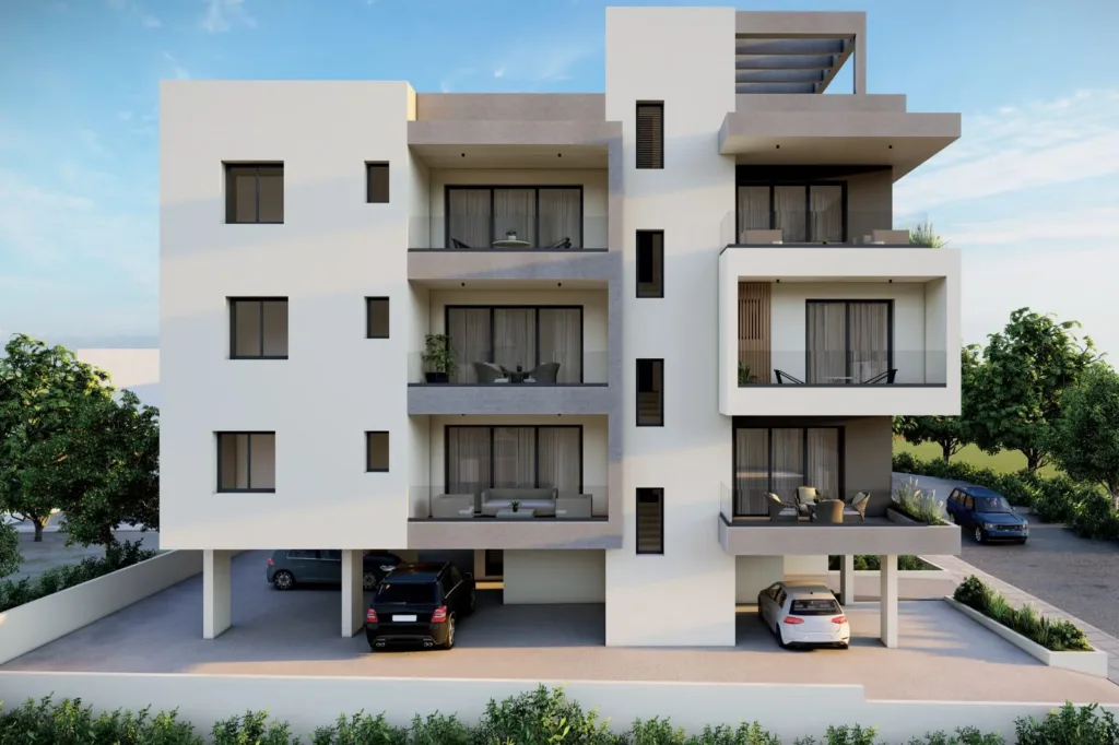 A visualisation of the rear of TOPCY36 with stacked balconies and parking