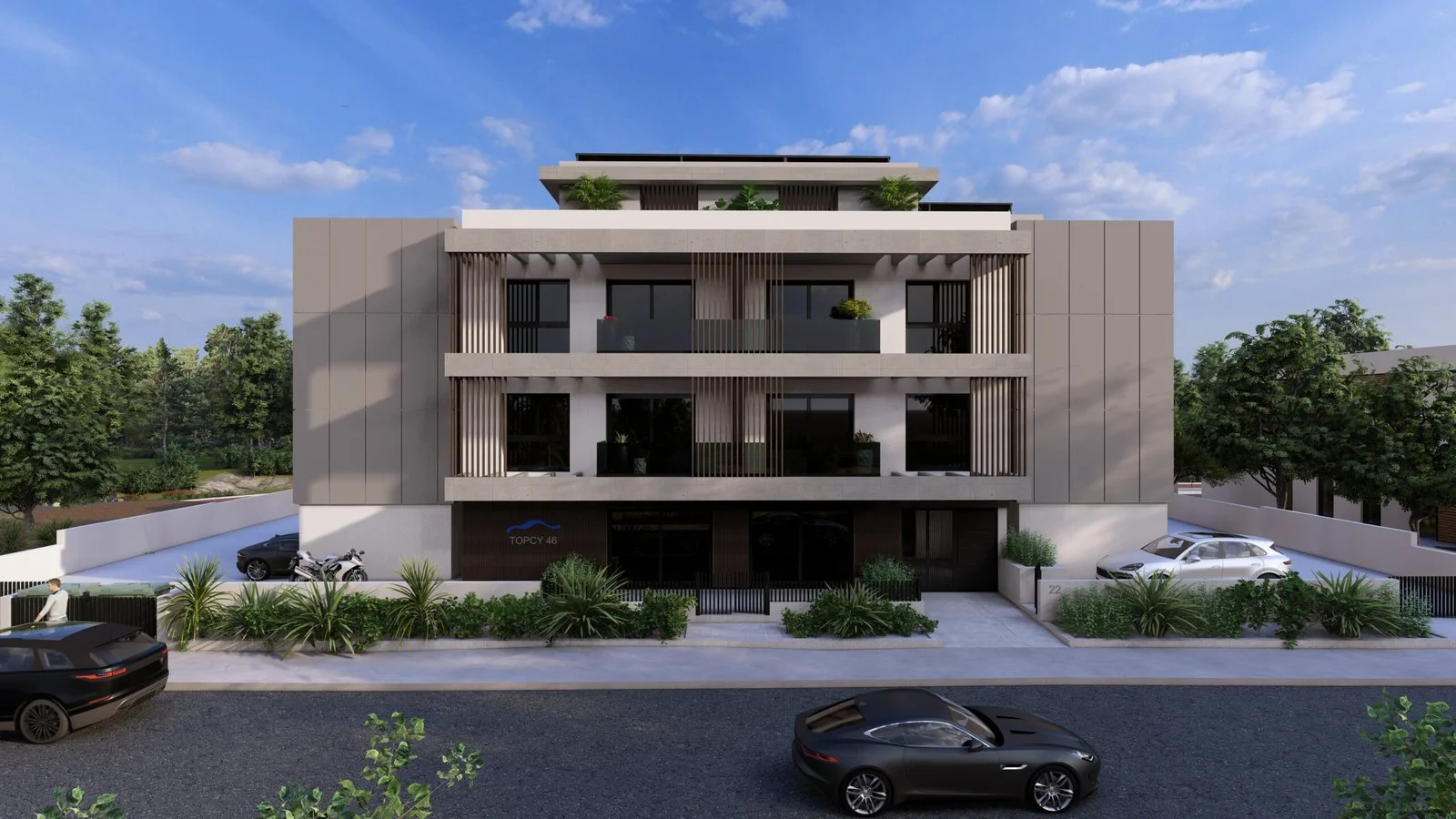 A visualisation of the three-storey TOPCY46 building seen from the street, with cars parked in front