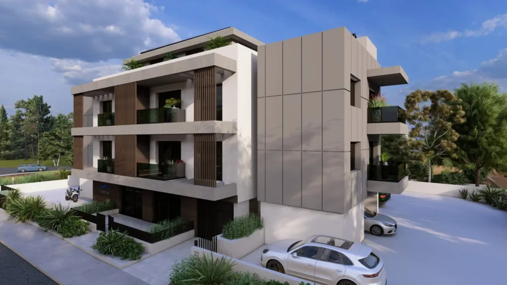 A visualisation of a corner of TOPCY46 with beige cladding and glass balconies